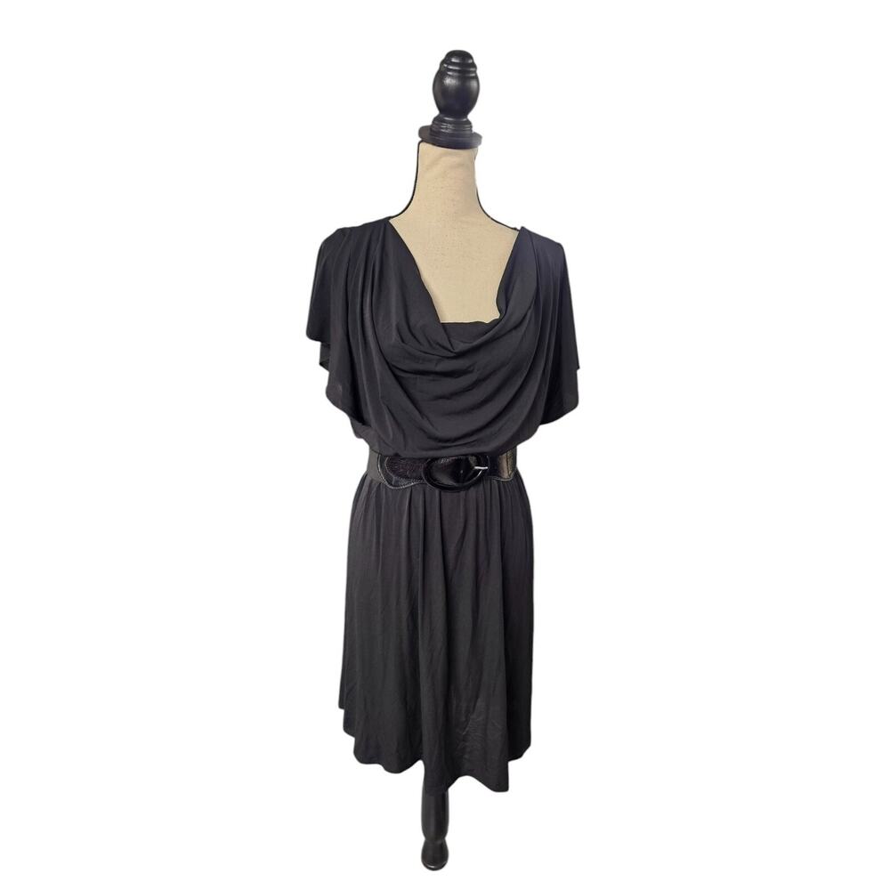 Vtg AGB Cowl Neck Belted Black Dress Sz L Ruffle Top Knee Length Event Cocktail